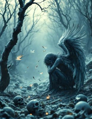 The primary subject of the image is a winged creature, possibly an angel or a demon, sitting in a forest. The setting is a dark, foggy forest with a haunting atmosphere. The visual style is digital art, as the image is a digital illustration. The colors and mood are predominantly dark and moody, with the winged creature being the main focus of the scene.
